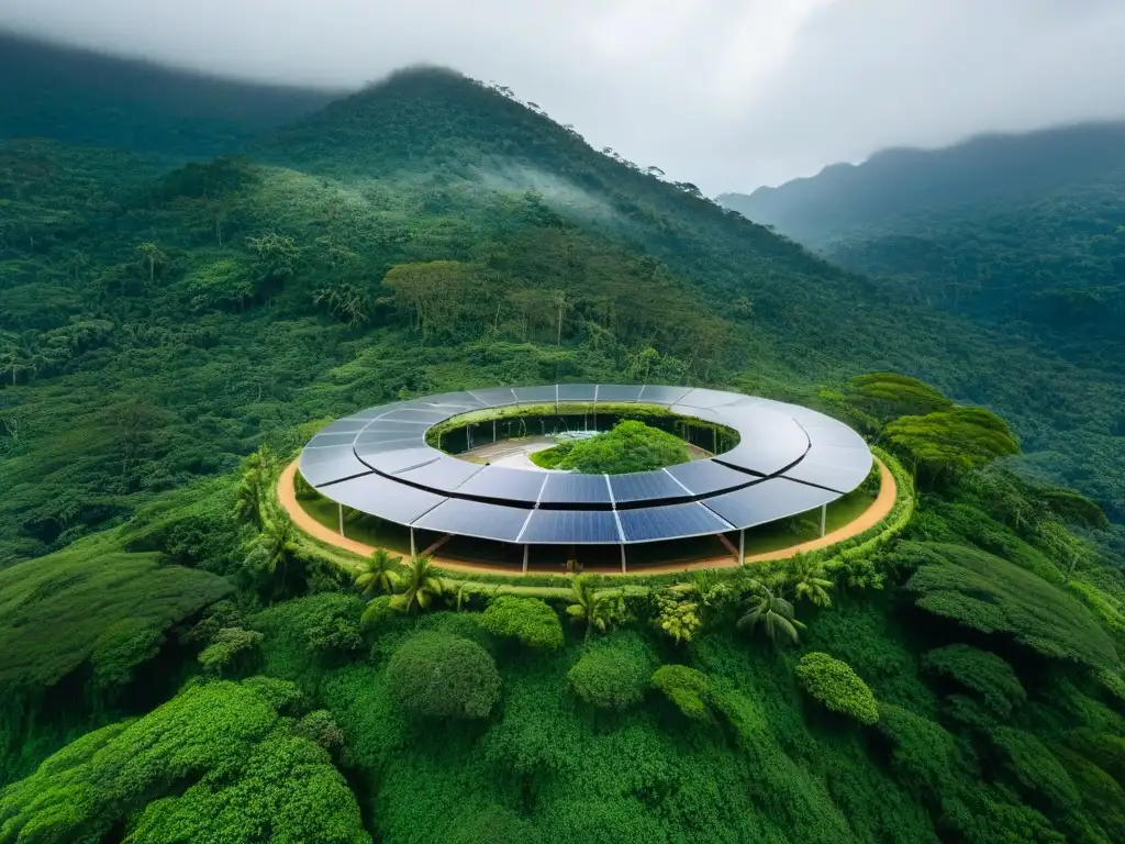 Paraíso eco-friendly: Ecoresort sostenible en selva tropical Vista aérea impresionante de un ecoresort sostenible en la selva con paneles solares, mostrando la armonía entre lujo y conservación
