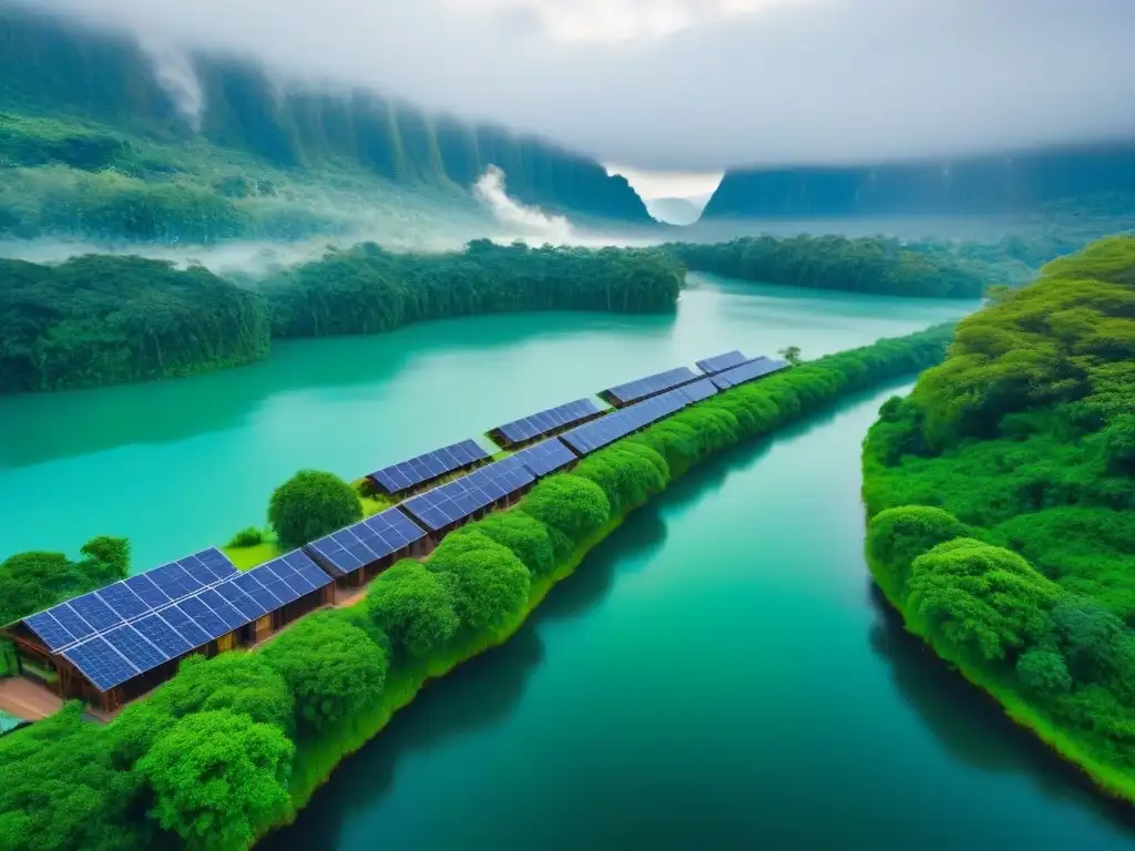 Paraíso ecológico: moderno resort entre naturaleza exuberante Vista aérea impresionante de un ecoresort ecológico rodeado de naturaleza exuberante y lagos cristalinos