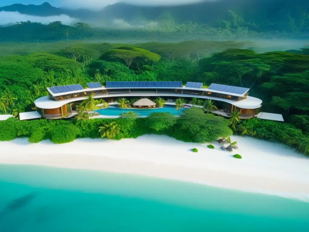 Paraíso ecológico: resort sostenible en la selva tropical Vista aérea impresionante de un ecoresort en la selva tropical