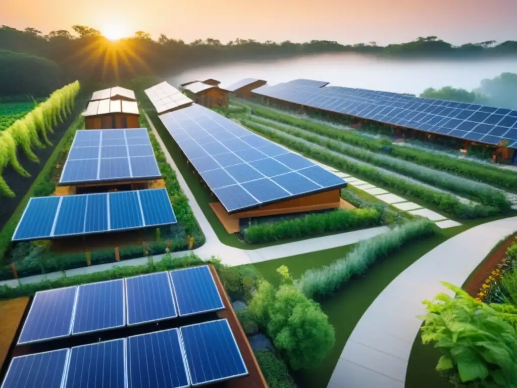 Ecovilla sostenible: armonía natural y vida comunitaria Vista aérea impresionante de una ecovilla moderna en armonía con la naturaleza