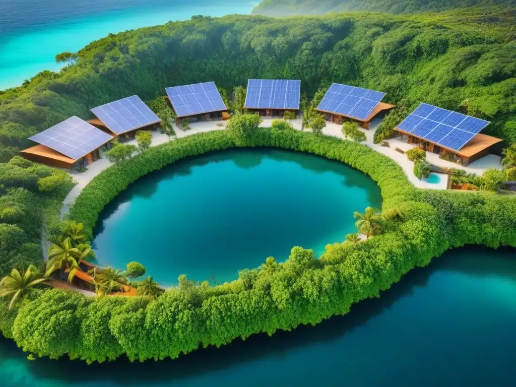 Ecovilla costera sostenible: armonía entre naturaleza y modernidad Una vista aérea impresionante de una ecovilla costera sostenible, rodeada de exuberante vegetación y aguas turquesas cristalinas
