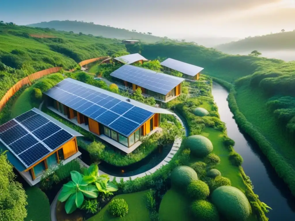 Ecovilla sostenible: armonía entre naturaleza y modernidad Vista aérea impresionante de una ecovilla moderna rodeada de vegetación exuberante, con arquitectura sostenible y prácticas ecoamigables
