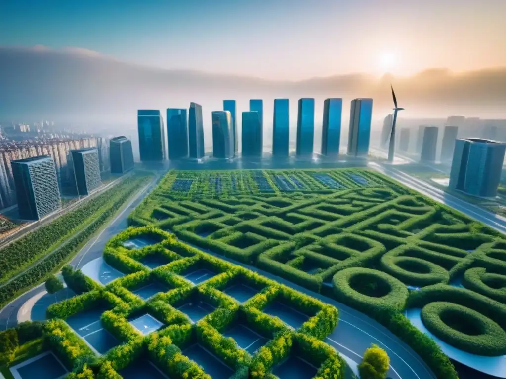 Vista aérea impactante de ciudad inteligente y sostenible Una vista aérea impresionante de edificaciones verdes en una ciudad inteligente futurista