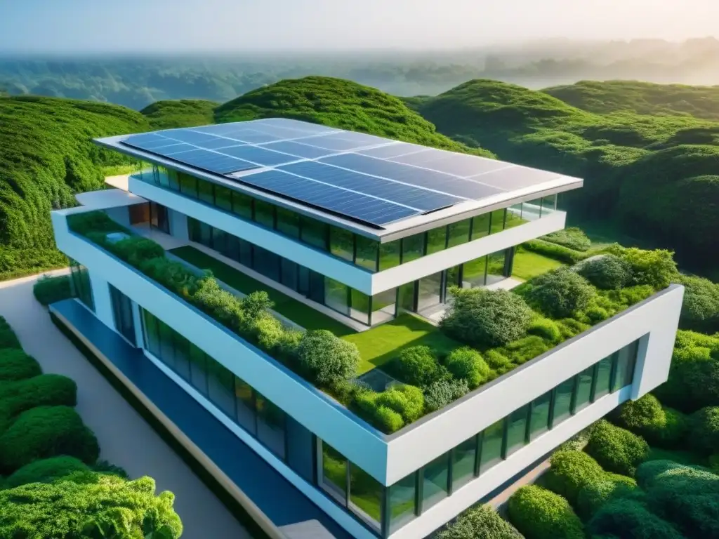 Vista aérea impresionante de edificio sostenible con paneles solares, techos verdes y ventanas amplias