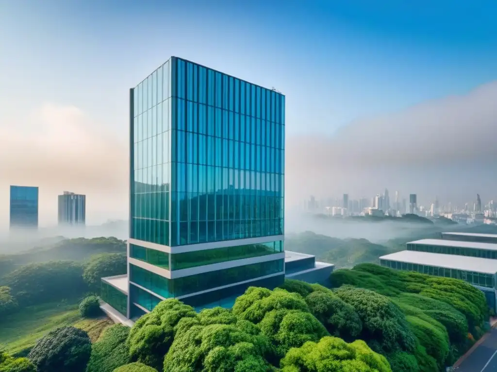 Edificio corporativo moderno rodeado de naturaleza exuberante Vista aérea impresionante de un edificio corporativo moderno rodeado de vegetación, con diseño vanguardista y estratégico en la ciudad