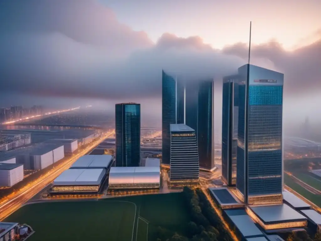 Arquitectura moderna y global: Fusión de Colliers y FirstService Una vista aérea impresionante de los edificios de oficinas fusionados de Colliers y FirstService, reflejando su arquitectura moderna y escala imponente con un fondo de ciudad vibrante