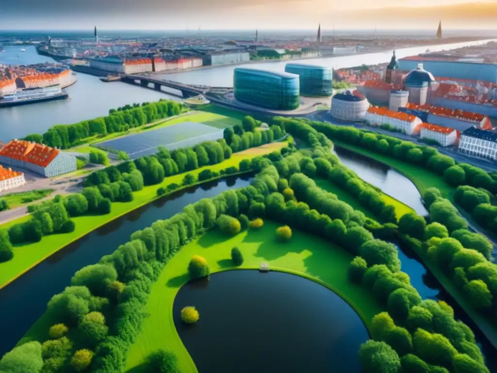 Copenhague: ciudad verde líder en desarrollo sostenible Vista aérea impresionante de Copenhague con edificios verdes, parques extensos y transporte público eficiente