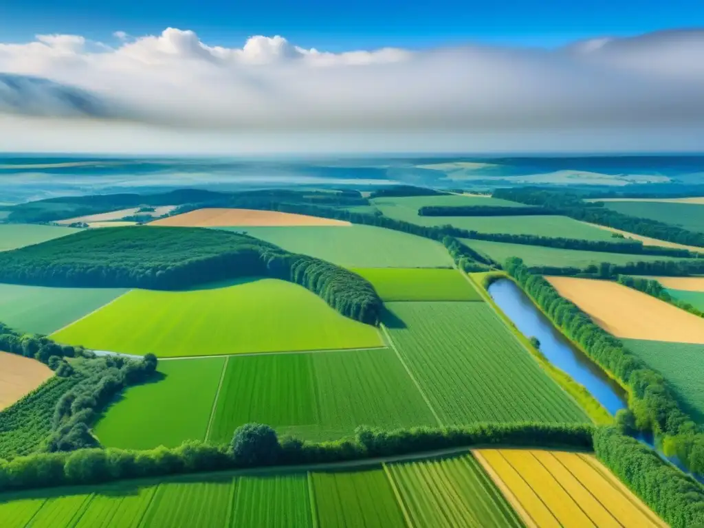 Propiedad rural de ensueño en América del Norte Una vista aérea impresionante de una extensa finca rural en Norteamérica, con campos verdes interminables, ríos serpenteantes y bosques frondosos