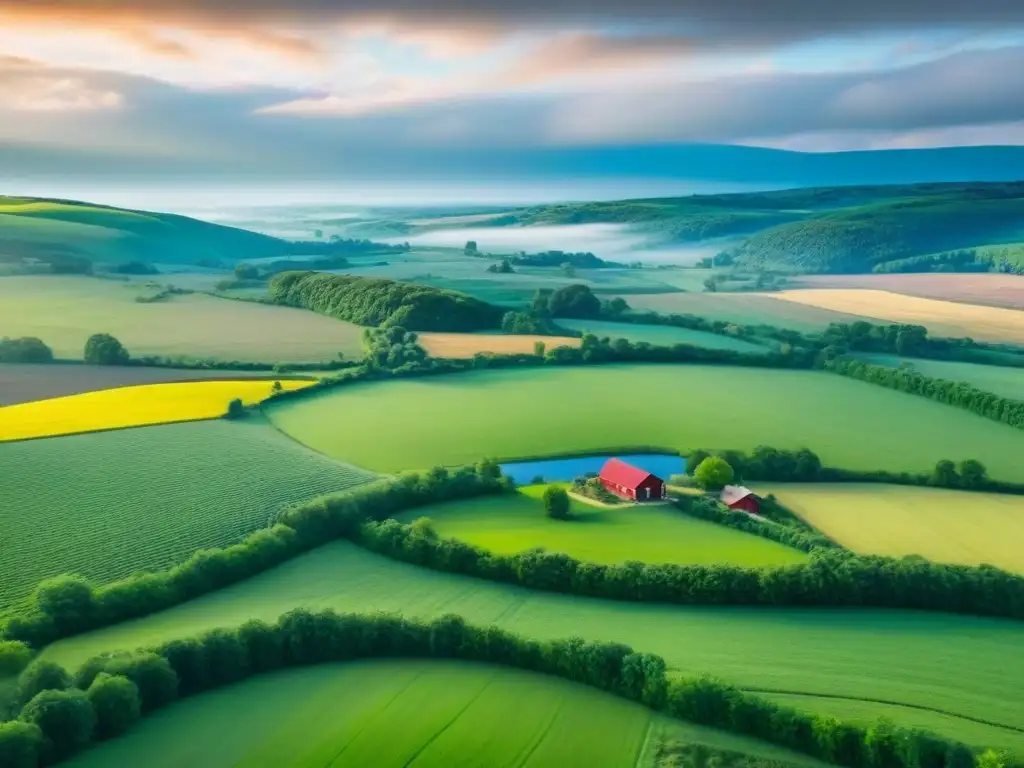 Verde infinito: granja con río y colinas Vista aérea impresionante de extensos campos verdes con granjas y río, ideal para proyecciones mercado inmobiliario rural