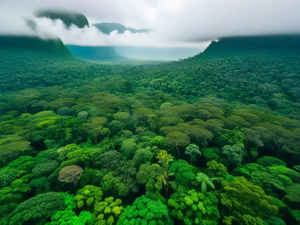 Selva tropical exuberante: biodiversidad y vida en un lienzo natural Una vista aérea impresionante de un exuberante dosel de selva tropical, mostrando un ecosistema diverso rebosante de vida