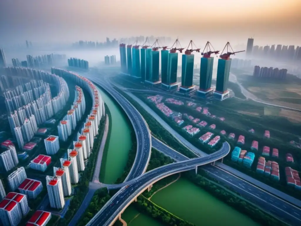 Esencia urbana: Desarrollo inmobiliario en Ruta de la Seda Vista aérea impresionante de la Franja Ruta, fusionando arquitectura tradicional con rascacielos modernos y grúas en el horizonte