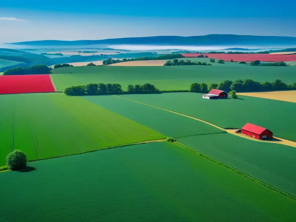 Inversión rural en Norteamérica: Vista aérea impresionante Vista aérea impresionante de granjas verdes bajo cielo azul en Norteamérica