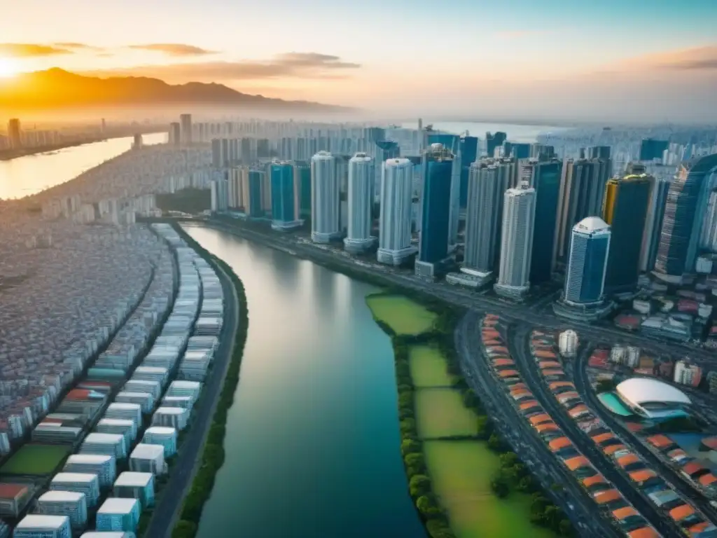Espléndido atardecer en Manila: ciudad vibrante y bahía reluciente Vista aérea impresionante del horizonte de Manila al atardecer, con modernos rascacielos y la bahía