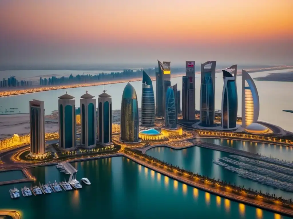 Horizonte futurista de Doha: arquitectura árabe y rascacielos Una vista aérea impresionante del horizonte futurista de Doha, Qatar, con rascacielos, complejos residenciales de lujo y costa impecable