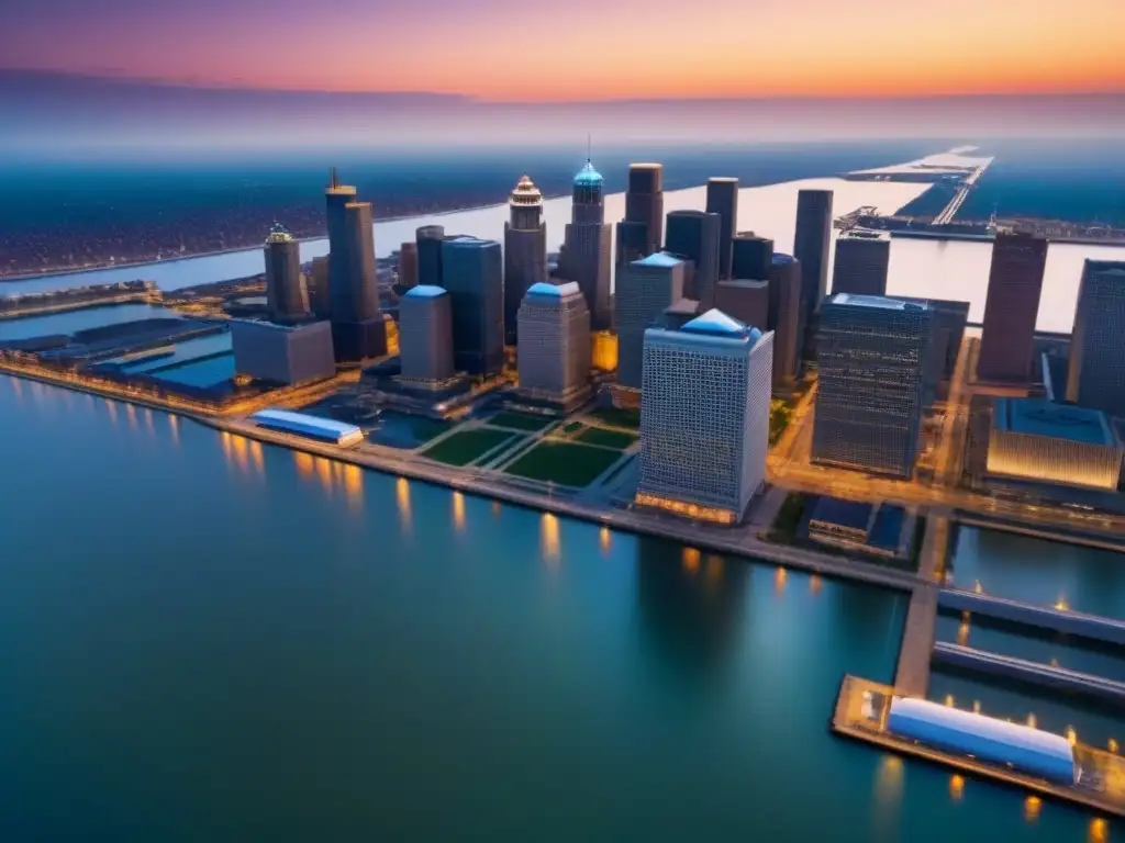 Transformación de Detroit: Luces y riqueza al atardecer Vista aérea impresionante del horizonte de Detroit al atardecer, reflejando la revalorización inmobiliaria en Detroit