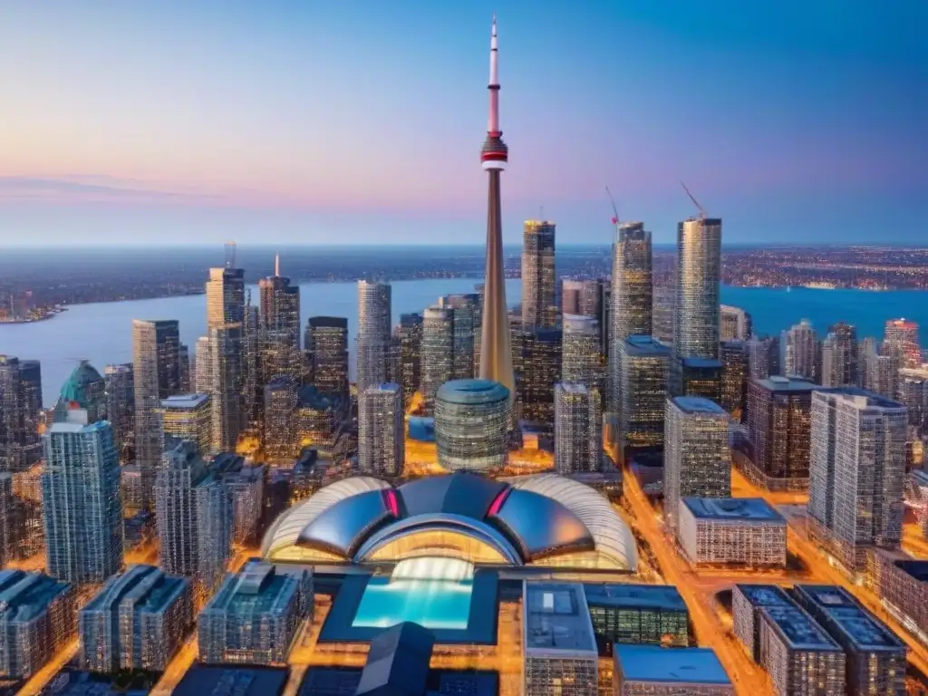 Espectacular vista aérea de Toronto al atardecer con la CN Tower iluminada Vista aérea impresionante del horizonte de Toronto al anochecer con la Torre CN iluminada