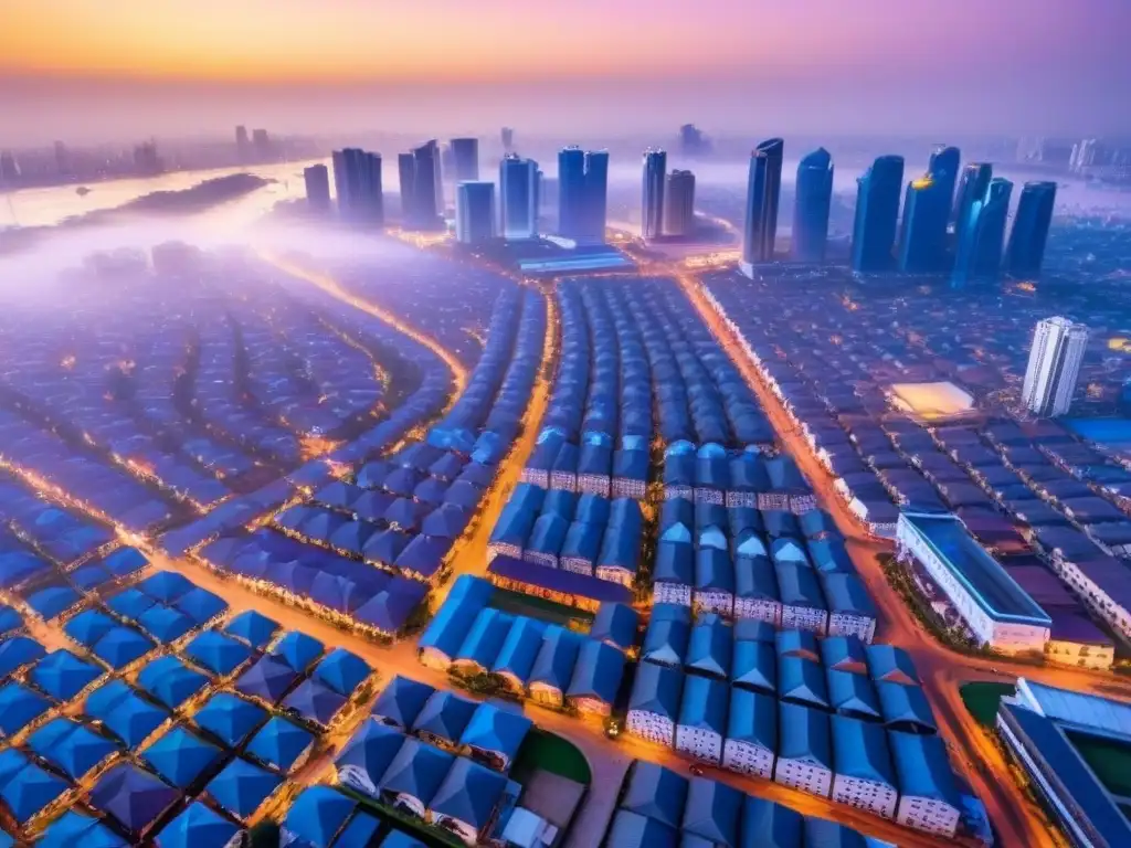 Vista aérea impresionante del horizonte de Lagos, Nigeria, con rascacielos modernos y edificios tradicionales, calles llenas de personas y vehículos