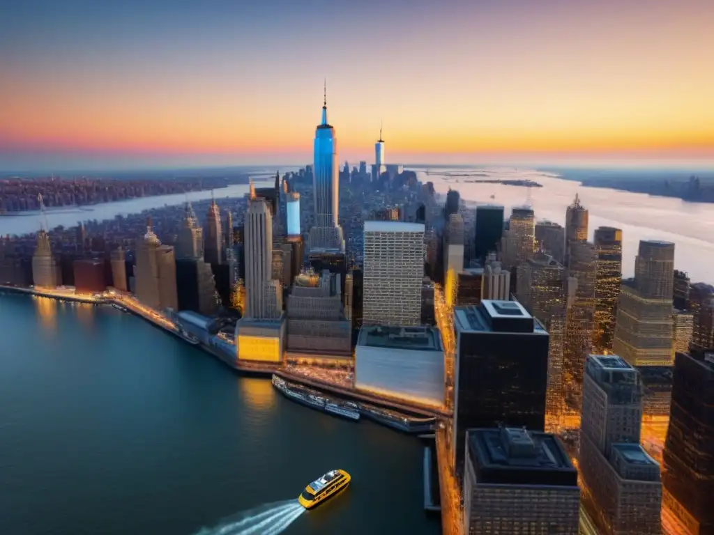 Inversión inmobiliaria en Nueva York: skyline icónico al atardecer Vista aérea impresionante del icónico horizonte de Nueva York al atardecer