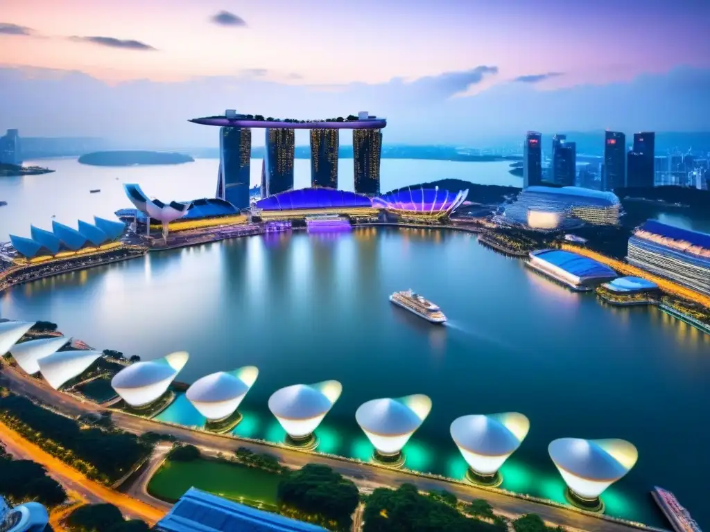 Vista aérea impresionante del icónico skyline de Singapur al anochecer, con Marina Bay Sands y el puerto iluminado, reflejando la próspera economía del país