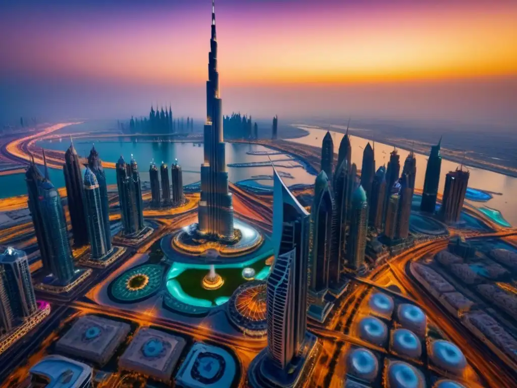 Espléndido atardecer sobre el skyline de Dubai Vista aérea impresionante del icónico skyline de Dubai al atardecer
