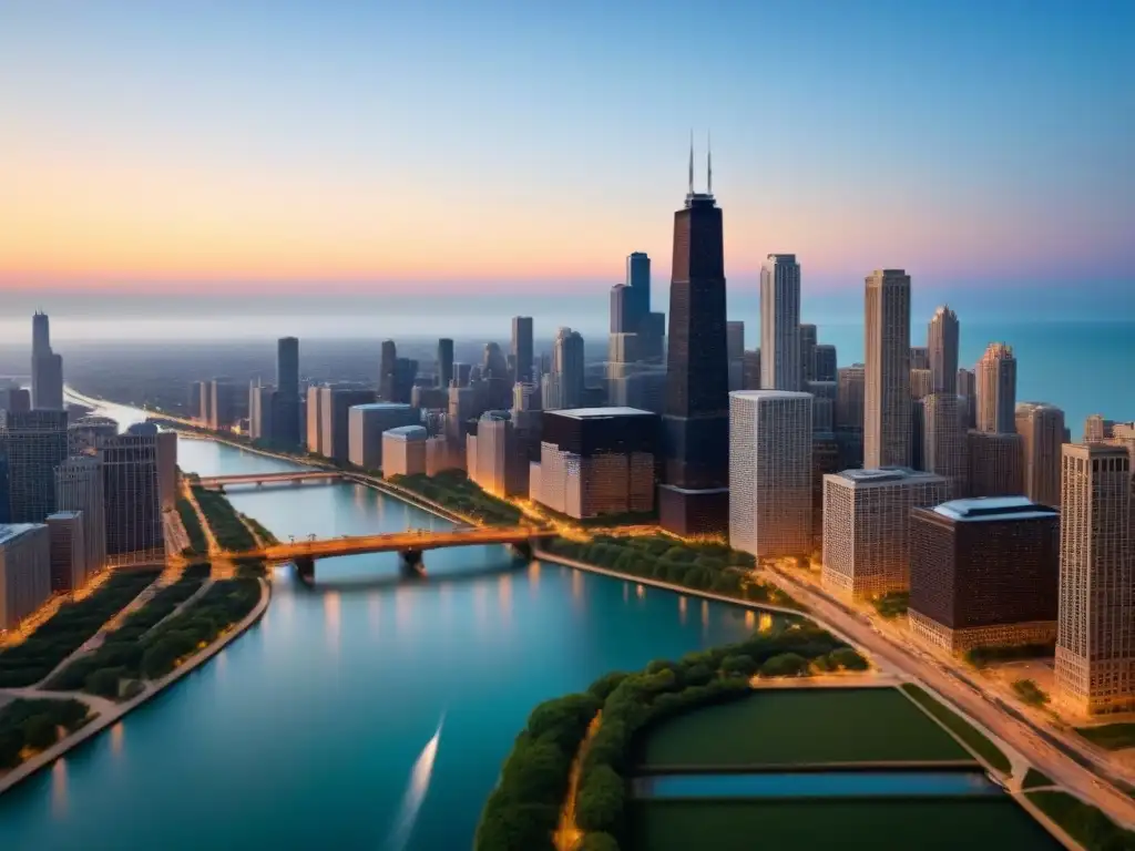 Skyline de Chicago: modernidad y luces en el río al atardecer Vista aérea impresionante del icónico skyline de Chicago al atardecer, con arquitectura moderna y luces reflejadas en el río