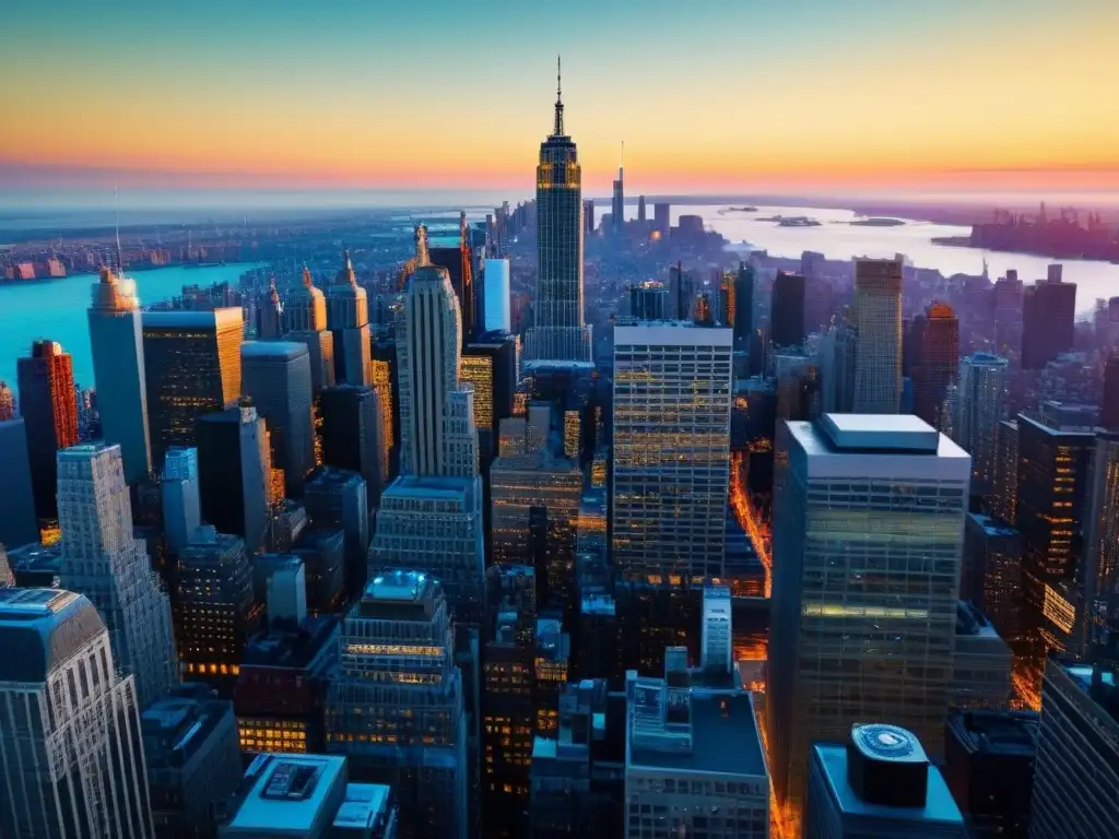 Espectacular skyline de Nueva York al atardecer Vista aérea impresionante del icónico horizonte de Nueva York con modernos rascacielos