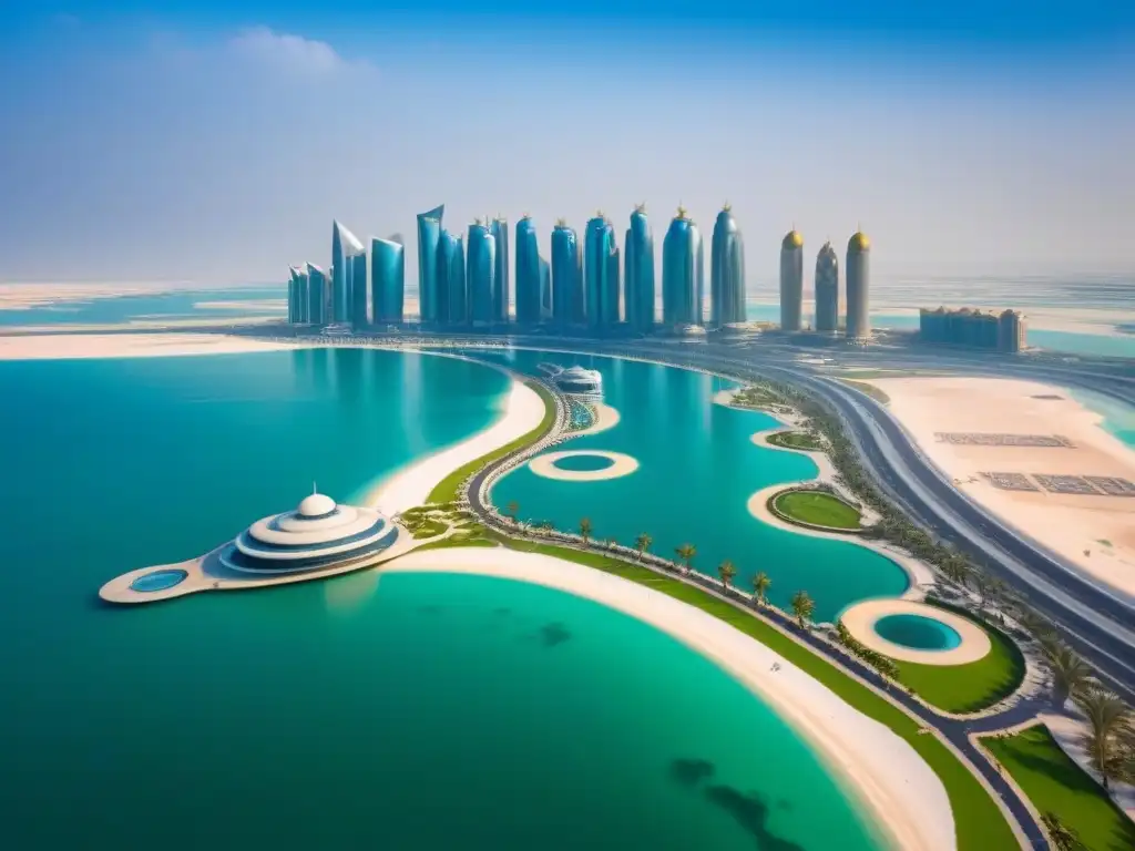 Horizonte futurista de Abu Dhabi: lujo y modernidad en el Golfo Arábigo Vista aérea impresionante de Abu Dhabi, con sus icónicos edificios y el golfo de Arabia