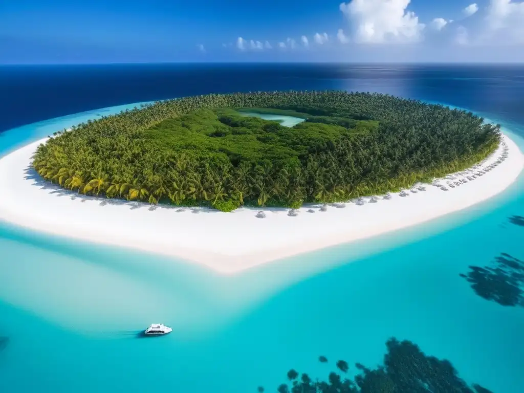 Paraíso privado: isla exclusiva con villas de lujo Vista aérea impresionante de isla privada rodeada de aguas turquesas, villas lujosas y palmeras en playa de arena blanca