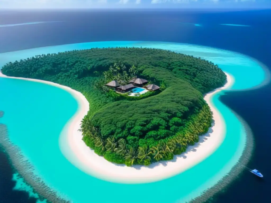 Paraísos privados: isla exclusiva de lujo Vista aérea impresionante de isla privada: aguas turquesas, vegetación exuberante y villas de lujo