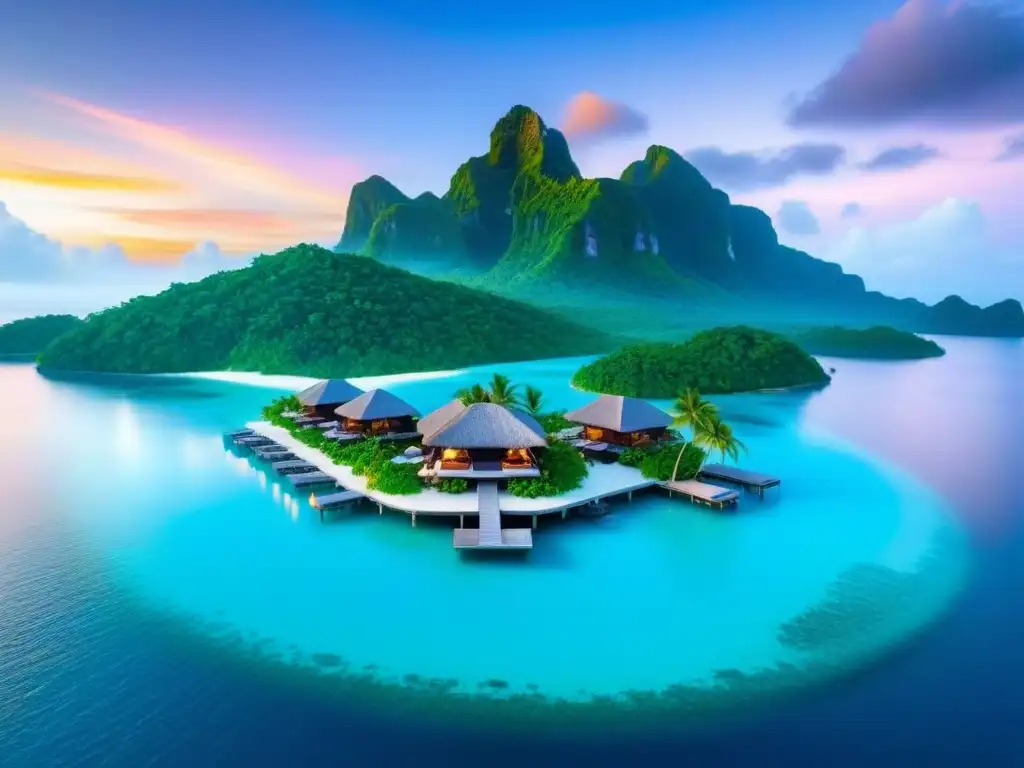 Paraíso exclusivo: isla privada con bungalows de lujo y atardecer vibrante Vista aérea impresionante de isla privada: aguas turquesa, bungalows de lujo, playa blanca, vegetación exuberante y atardecer vibrante