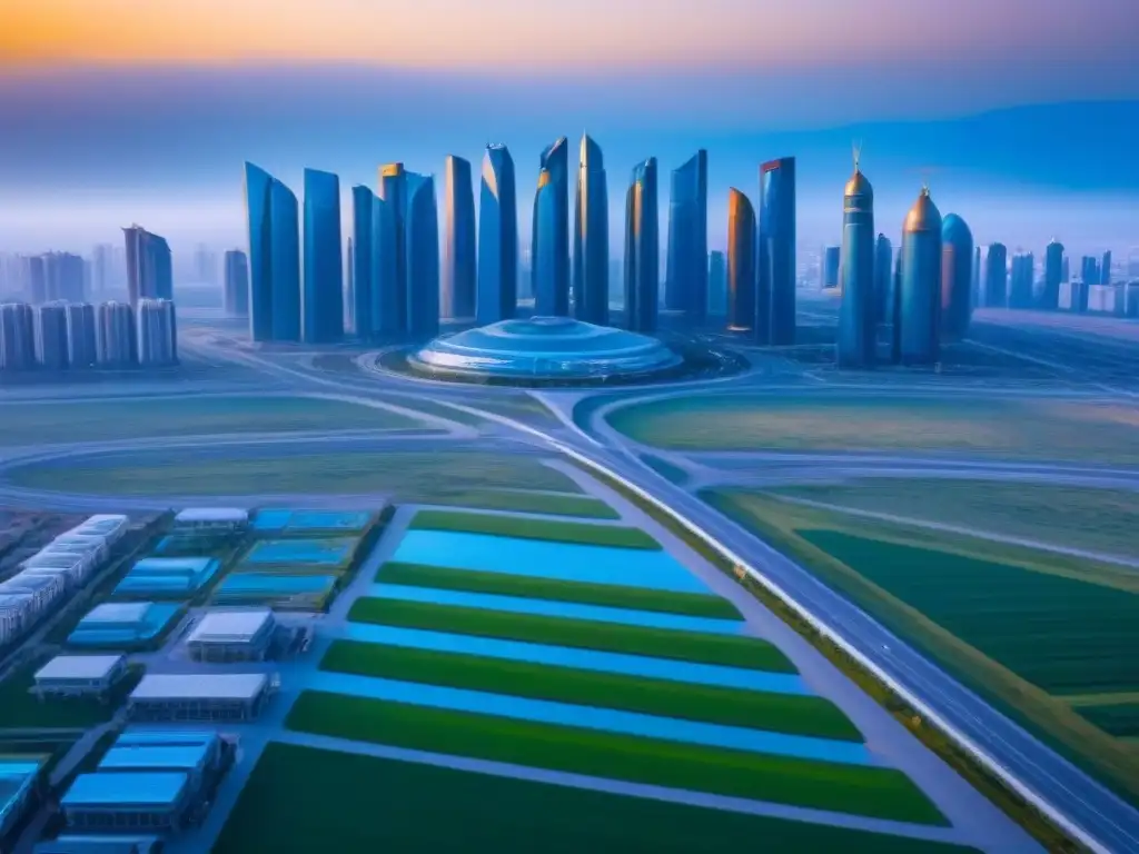 Horizonte futurista de NurSultán: fusión de modernidad y tradición Vista aérea impresionante de Nur-Sultán, Kazajistán, fusionando rascacielos modernos y arquitectura tradicional bajo un cielo azul