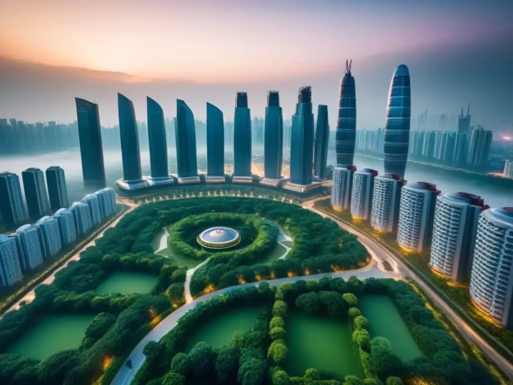 Vista aérea: lujo urbano futurista en Asia Vista aérea impresionante de lujo urbano futurista en Asia, con rascacielos innovadores, áreas verdes y tecnología avanzada