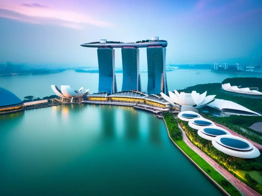 Marina Bay Sands: lujo y modernidad en Singapur Vista aérea impresionante de Marina Bay Sands en Singapur, símbolo de lujo e innovación en el mercado inmobiliario de propiedades de lujo en Asia