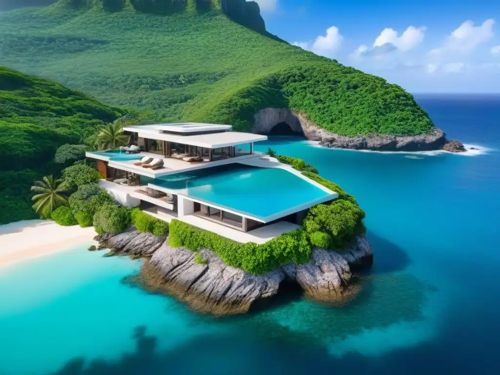 Villa de lujo en acantilado con piscina infinita y vistas al mar Vista aérea impresionante de una lujosa villa costera sobre un acantilado, con piscina infinita privada y exuberante paisajismo tropical