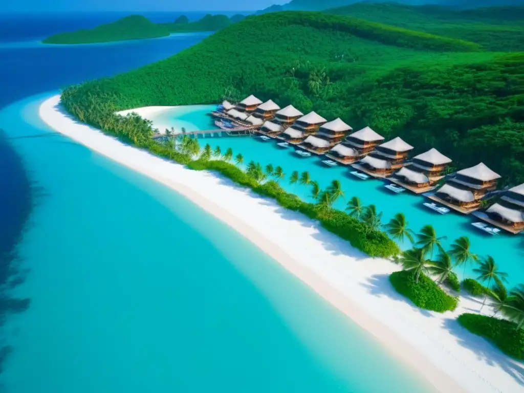 Exclusivo paraíso: isla privada de lujo y aguas turquesa Una vista aérea impresionante de un lujoso resort en una isla privada, con aguas turquesas cristalinas y playas de arena blanca bordeadas de palmeras