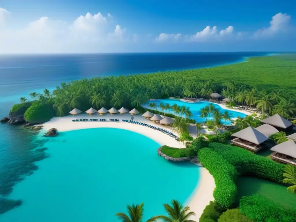Paraíso de lujo: Resort de timeshare con vistas aéreas impresionantes Una vista aérea impresionante de un lujoso resort de tiempo compartido rodeado de exuberante vegetación y aguas turquesas cristalinas