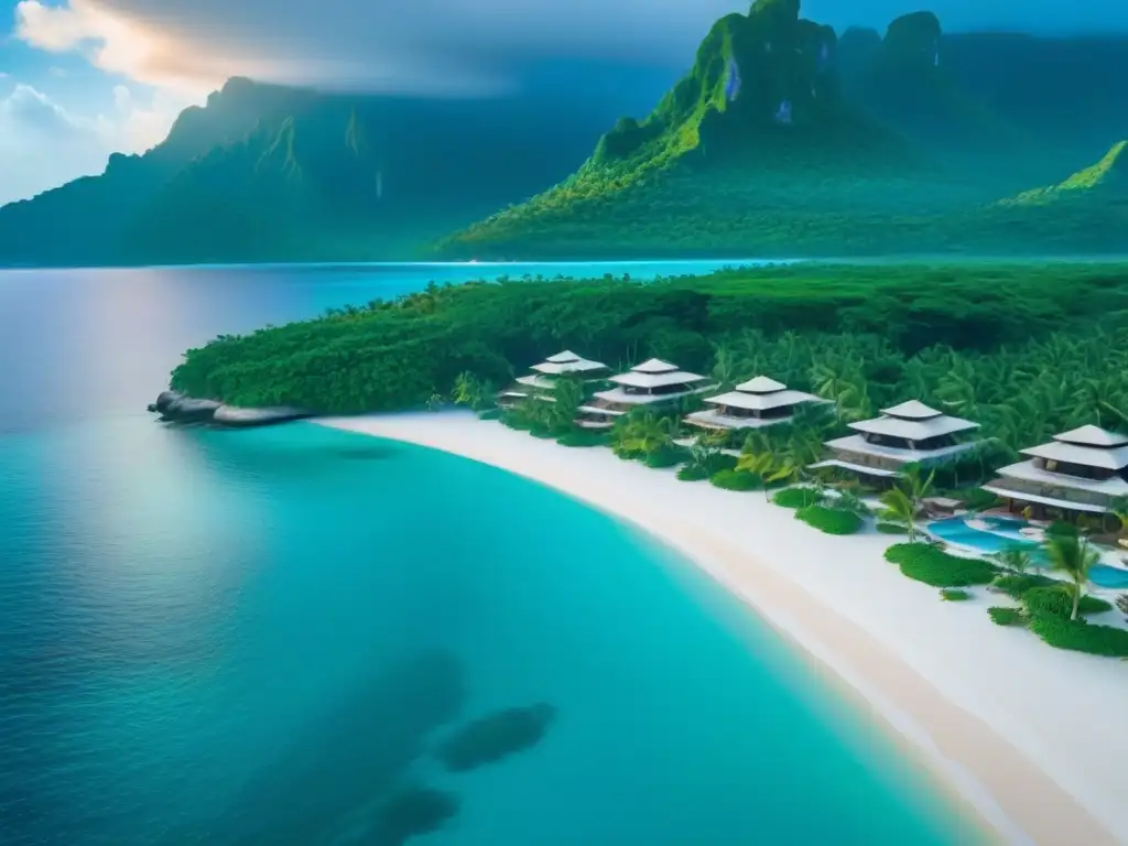 Paraíso tropical: resort de lujo junto al mar Vista aérea impresionante de lujoso resort frente a la playa en destino tropical con aguas turquesa, arena blanca y palmeras verdes