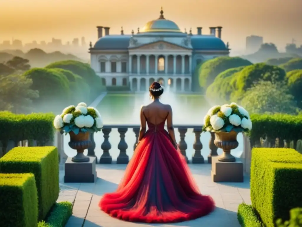 Esplendor histórico entre naturaleza y ciudad moderna Vista aérea impresionante de una mansión histórica rodeada de exuberante vegetación y una ciudad vibrante