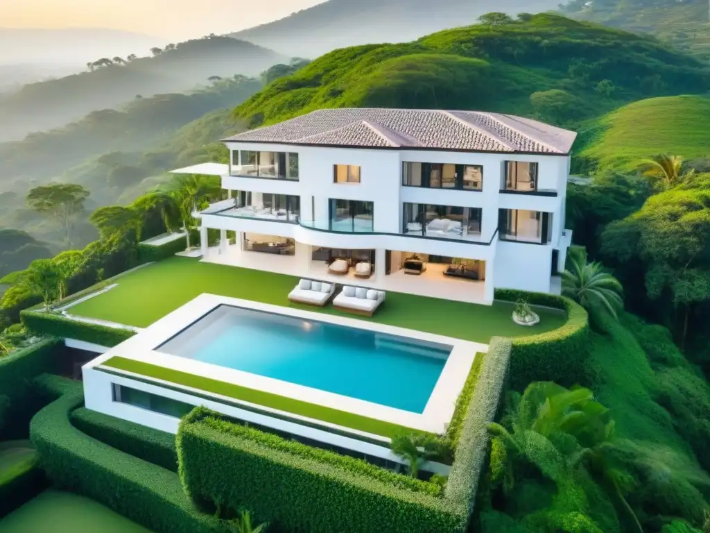 Exclusiva mansión de lujo entre naturaleza exuberante Vista aérea impresionante de una mansión lujosa rodeada de exuberante vegetación y colinas, con piscina reluciente