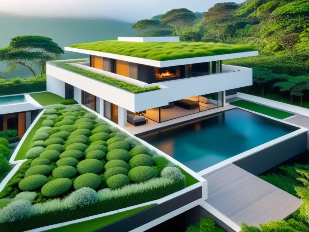 Exclusiva mansión moderna con jardín en la azotea Vista aérea impresionante de mansión moderna de lujo con jardín en techo verde, fusionando naturaleza y arquitectura