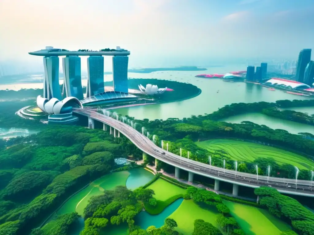 Vista aérea de Singapur: arquitectura icónica y naturaleza Vista aérea impresionante de Singapur con megaproyectos inmobiliarios sudeste asiático