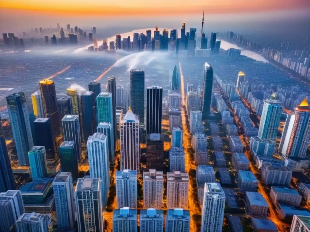 Mercado inmobiliario emergente: crecimiento y oportunidad urbana Vista aérea impresionante de un mercado inmobiliario emergente, con rascacielos y vida urbana vibrante