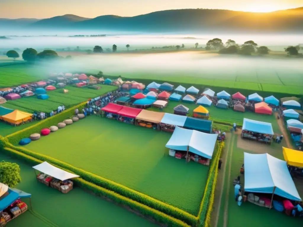 Mercado rural vibrante entre campos verdes: turismo sostenible y comunidad Vista aérea impresionante de un mercado rural vibrante entre campos verdes, con puestos de colores vendiendo productos locales y artesanías