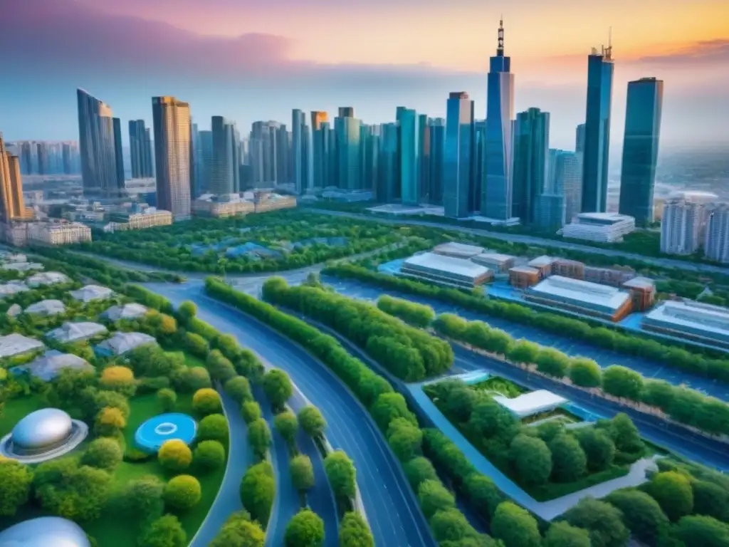 Vibrante mercado inmobiliario secundario: Energía urbana Vista aérea impresionante de mercados secundarios inversión inmobiliaria con modernos rascacielos y animados barrios bajo el cielo azul