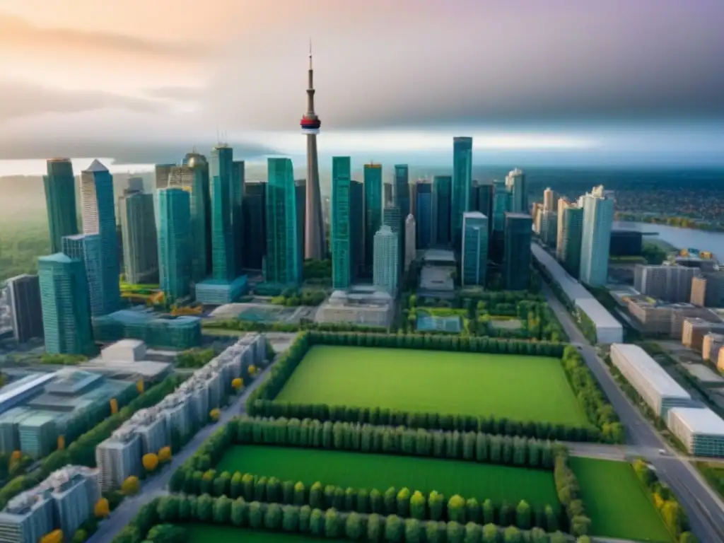 Espléndido crecimiento urbano en Canadá: innovación y sostenibilidad Vista aérea impresionante de mercados inmobiliarios emergentes en Canadá, con rascacielos modernos, espacios verdes y calles bulliciosas