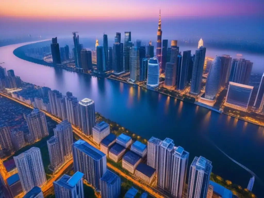 Vista aérea impresionante de una metrópoli moderna al anochecer, reflejando los mejores mercados inmobiliarios internacionales 2021