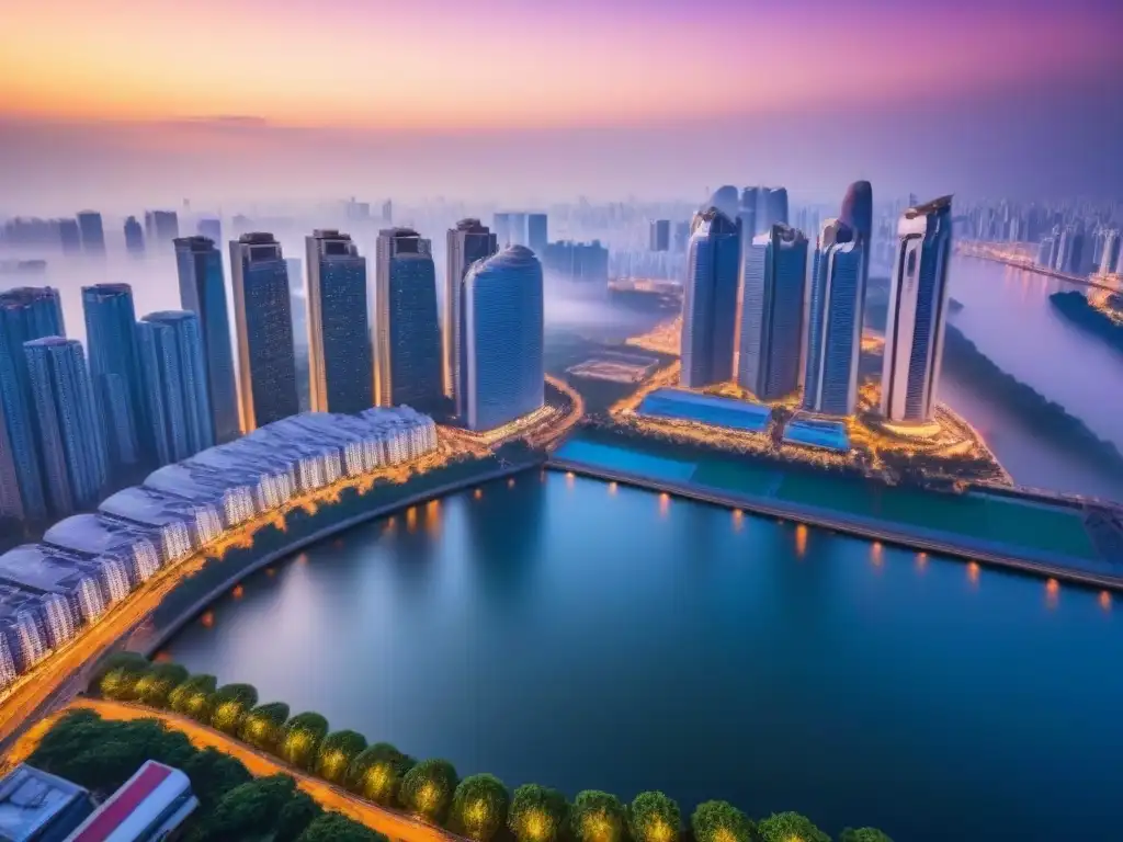 Horizonte urbano de Asia: fusión de modernidad y tradición Vista aérea impresionante de una metrópolis en Asia, con rascacielos modernos y arquitectura tradicional