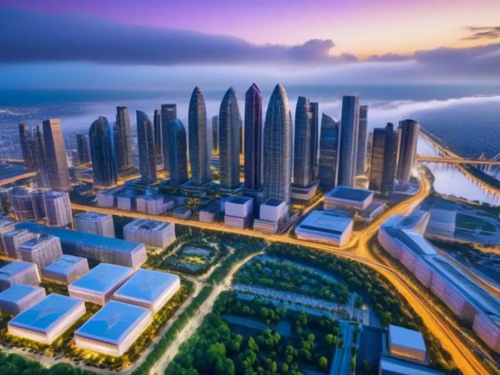 Metrópolis futurista en América del Norte: luces y diseño sostenible Vista aérea impresionante de una metrópolis futurista en Norteamérica con los mejores desarrollos inmobiliarios