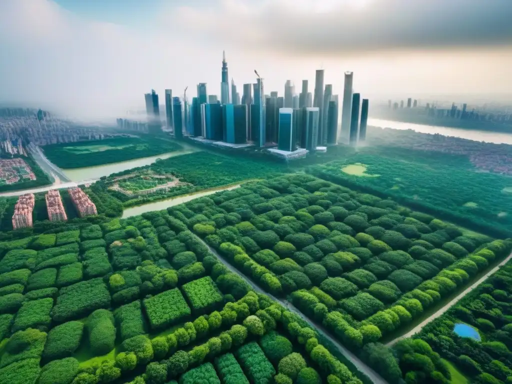Metrópolis sostenible: arquitectura moderna y espacios verdes integrados Vista aérea impresionante de una metrópolis con rascacielos y parques verdes, destacando el urbanismo verde