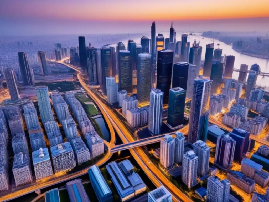 Horizonte urbano: metrópolis vibrante y moderna al atardecer Una vista aérea impresionante de una metrópolis vibrante, con rascacielos modernos que transmiten prosperidad